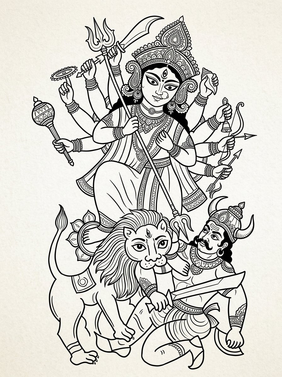 Traditional line art sketch of Goddess Maa Durga Mahishasuramardini slaying Mahishasura on her roaring lion mount, holding ten weapons with authentic Bengal Patachitra folk art style